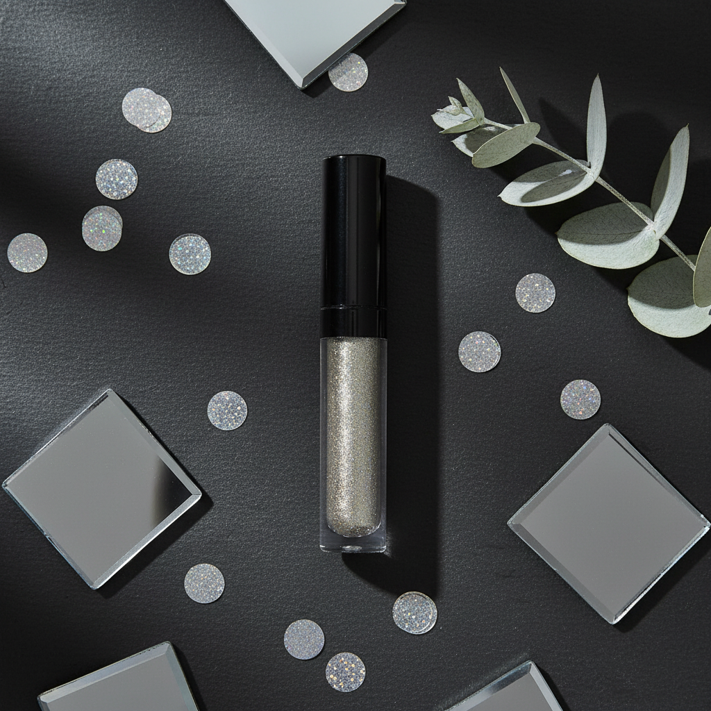 Liquid Shimmer Silver lifestyle flat lay on dark slate with holographic confetti and white eucalyptus