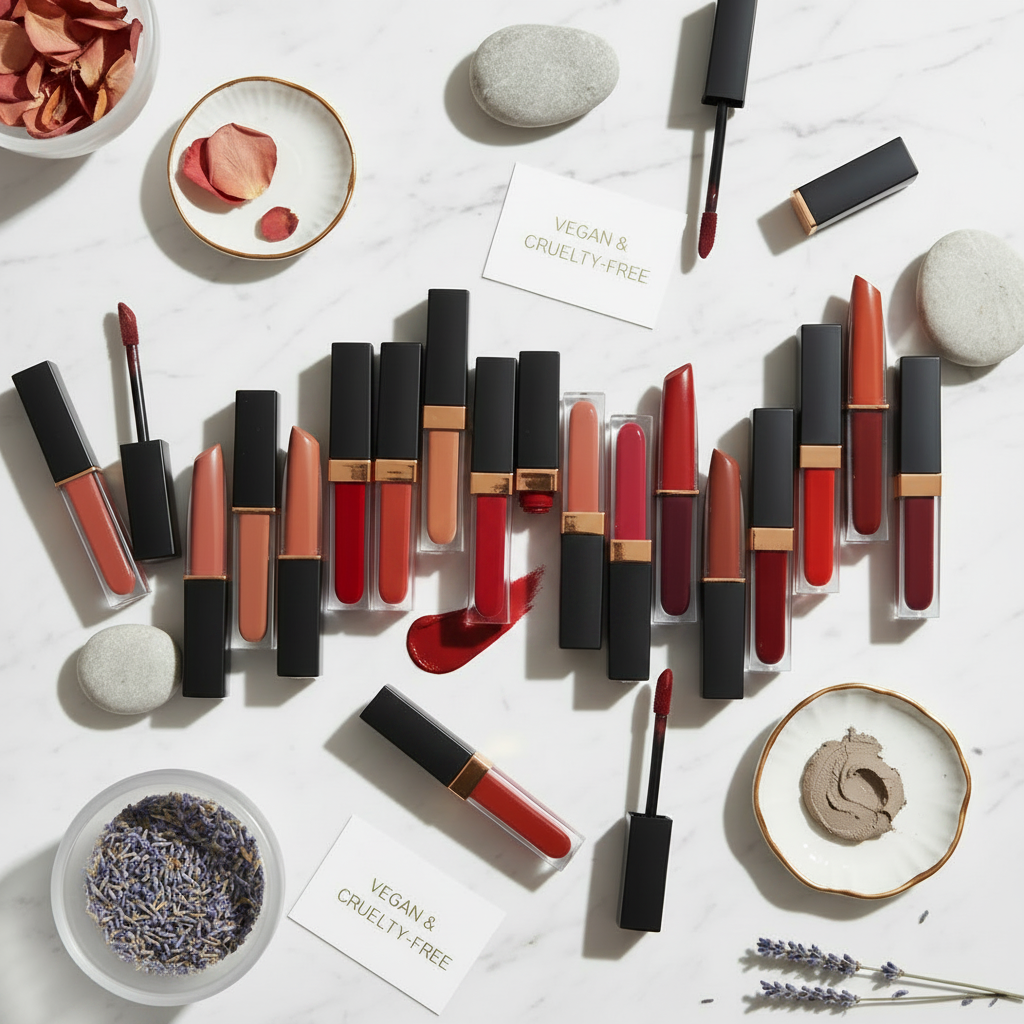 BYYOU Matte Lip Gloss Bundle — lifestyle close-up with marble and rose petals