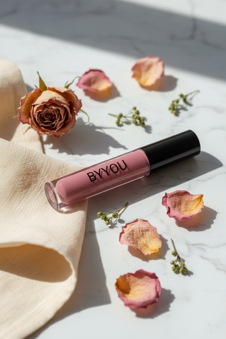 LENA Rossetto lip gloss lifestyle shot - rose petals and marble surface