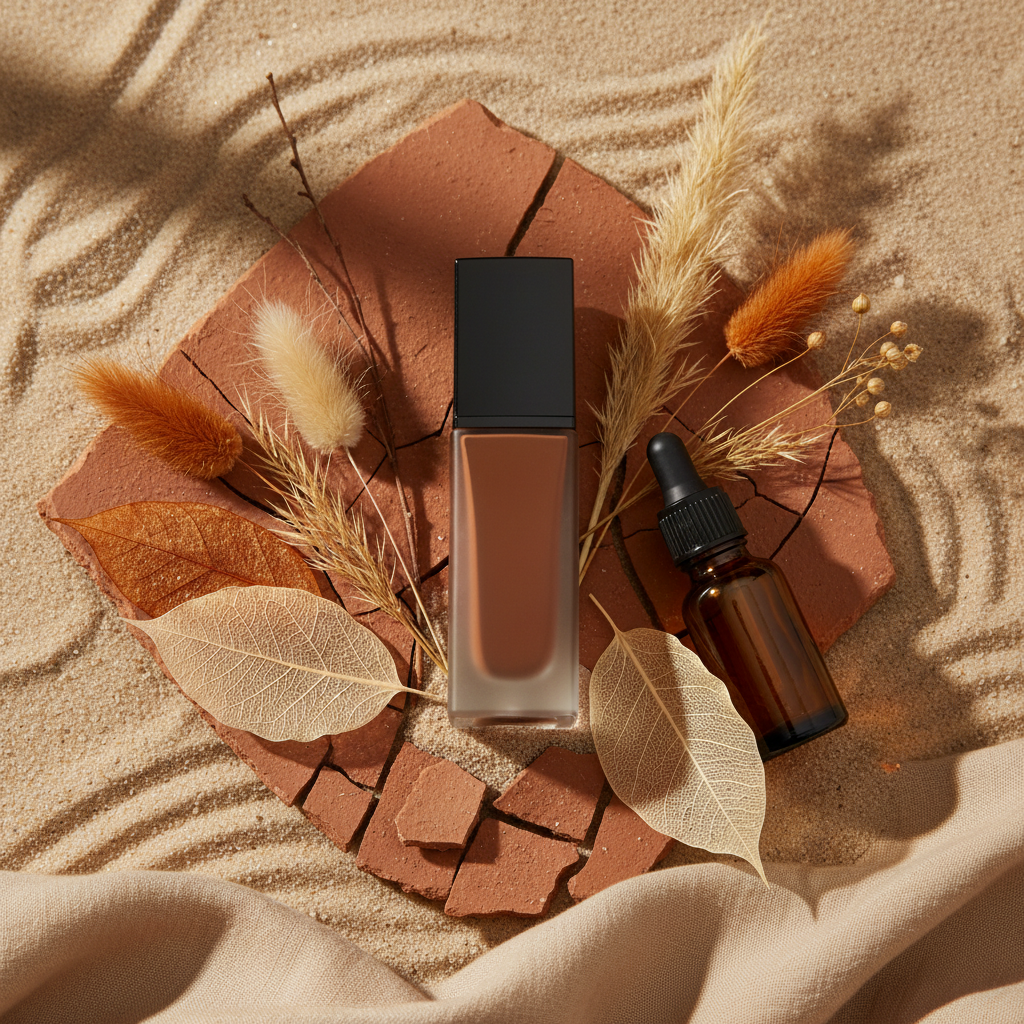 Stockman's Dusk Deep foundation lifestyle flat lay on terracotta surface with dried botanicals and amber dropper bottle
