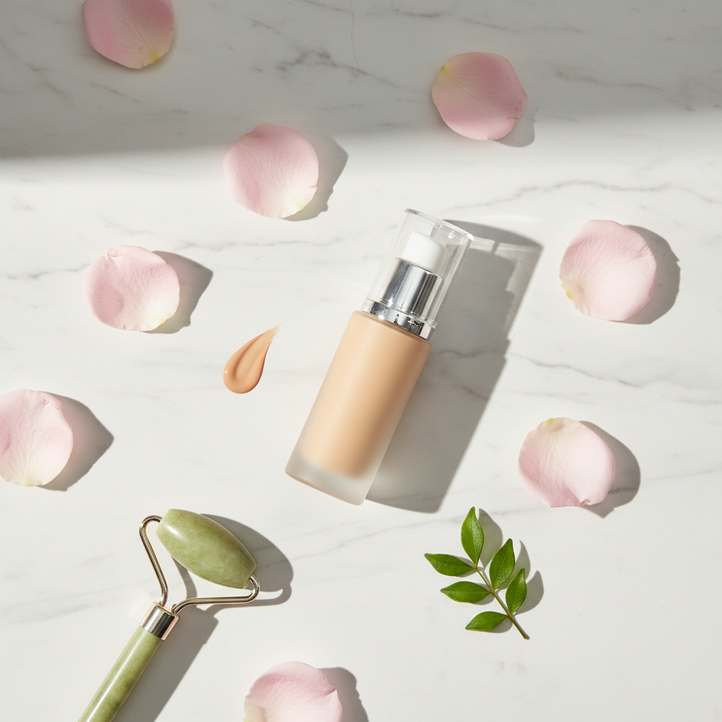 BYYOU Velvet Skin Liquid Foundation lifestyle flat lay on marble with rose petals and jade roller