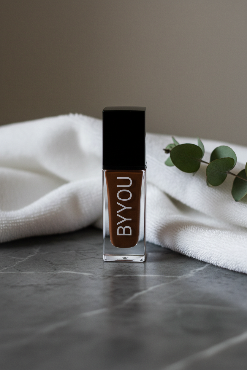 Stockman's Dusk Deep foundation lifestyle shot - dark marble with eucalyptus