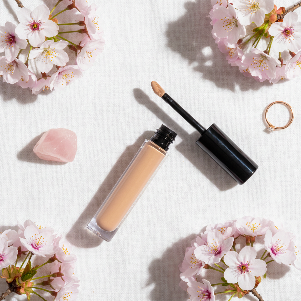 Cherry Bush Glaze Concealer lifestyle flat lay on white linen with cherry blossoms and rose quartz crystal
