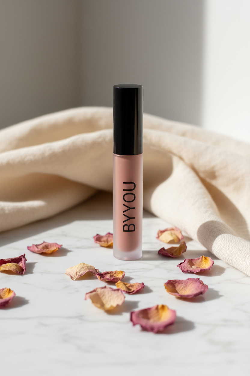 Boss Babe Pink lip gloss lifestyle shot - rose petals and marble surface